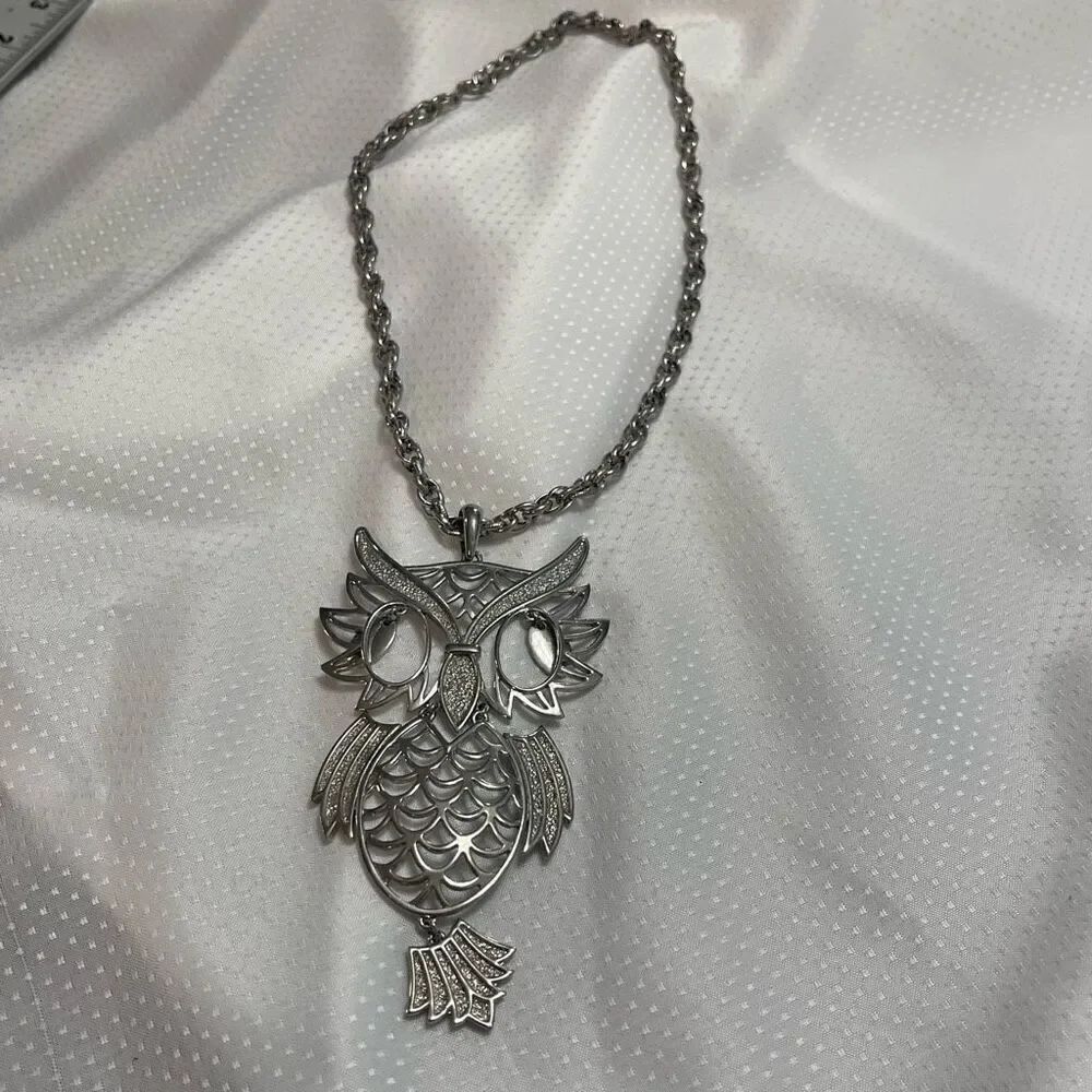 Owl Articulated Pendant Necklace 3 Tiered Silver Tone Large Vintage